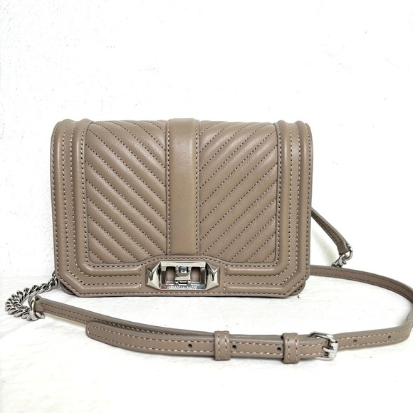 REBECCA MINKOFF Chevron Quilted Small Love Crossbody Leather Bag Taupe Sandrift - Picture 1 of 17